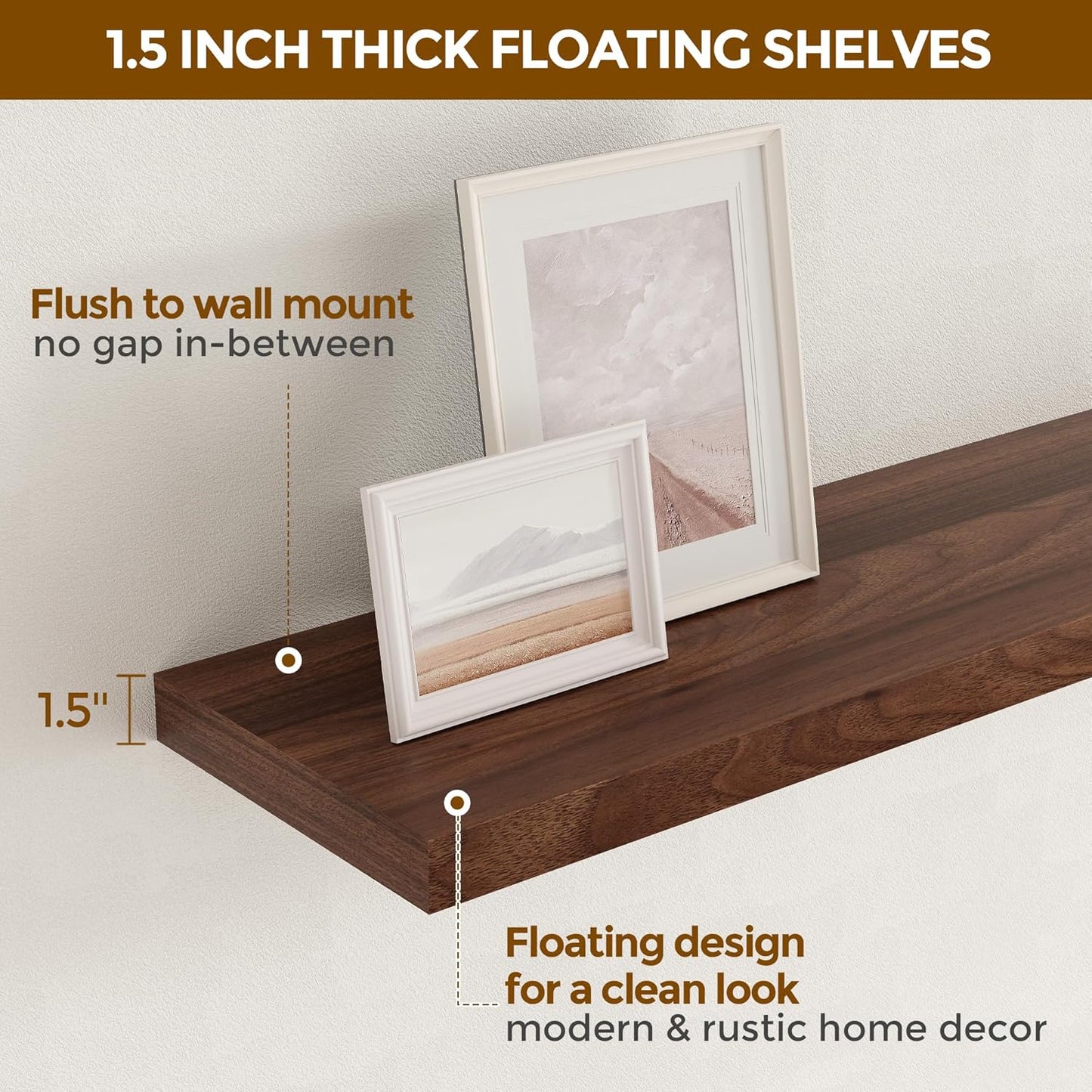 Fun Memories 16 Floating Shelves for Wall, 9 Inch Deep Floating Shelf for Bathroom, Rustic 16 x 9 Floating Shelf for Kitchen, Bedroom, Wide Wooden Shelves Wall Mounted, Walnut Color, Set of 2