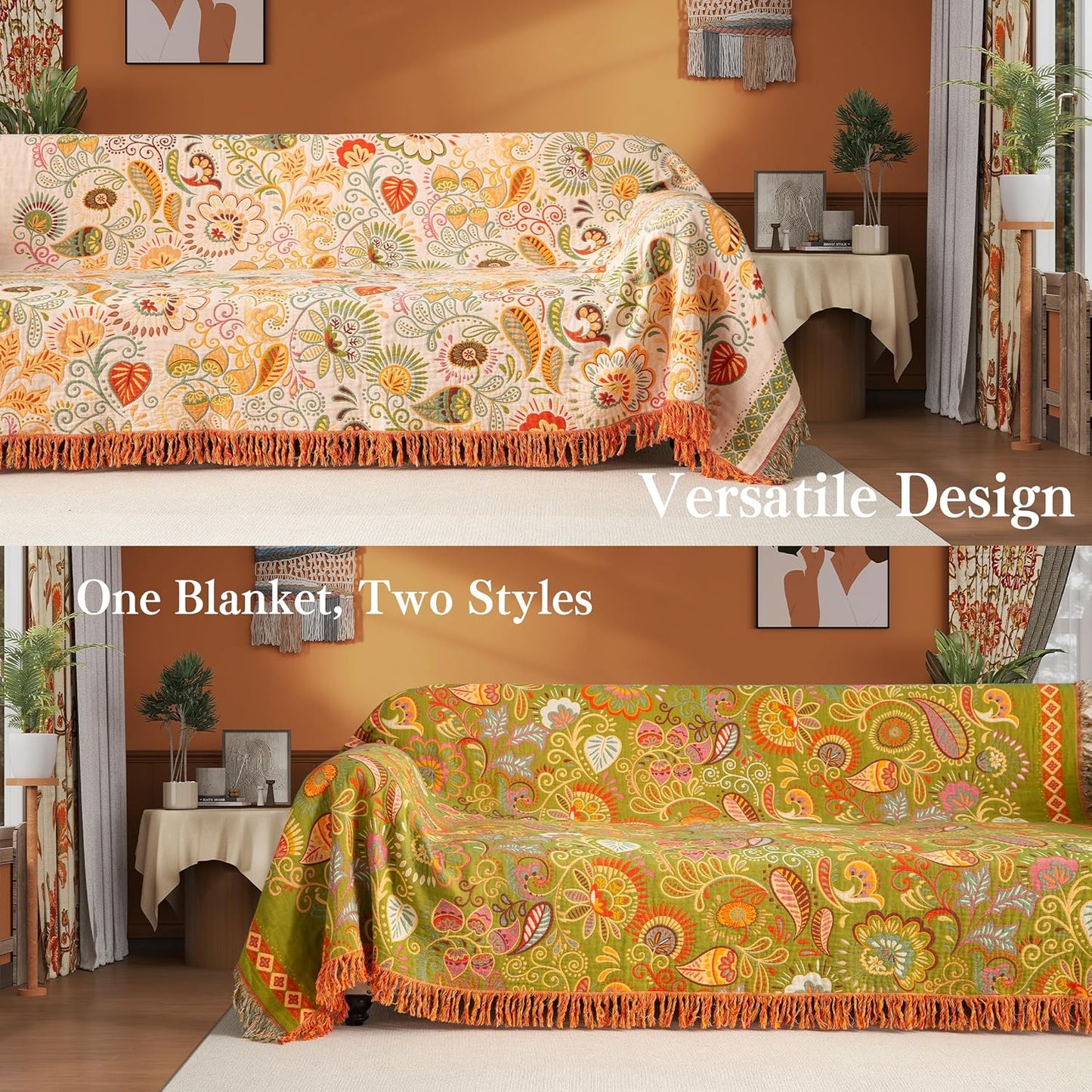 Boho Throw Blanket Twin Size, Soft Cozy Cotton Muslin Quilt Blanket for Bed Decor, Floral Patterned Couch Sofa Chair Cover, Vintage Farmhouse Cottage Tapestry Woven Blanket, Coral&Green