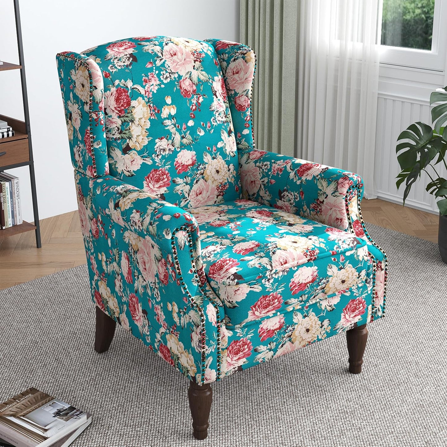 Lumibee Wingback Accent Chair,High Back Floral Armchairs in Fabric,Comfy Upholstered Reading Single Sofa Chair with Solid Wood Legs for Living Room,Bedroom,Office-Peacock Blue
