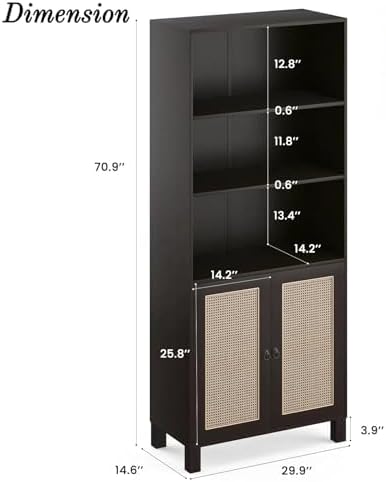 Tall Bookshelf, 5-Tier Book Shelf with 2 Rattan Doors, Freestanding Bookcase Display Shelves with Large Storage, Book Case for Living Room, Office, Study, Bedroom, 70.9 Inch