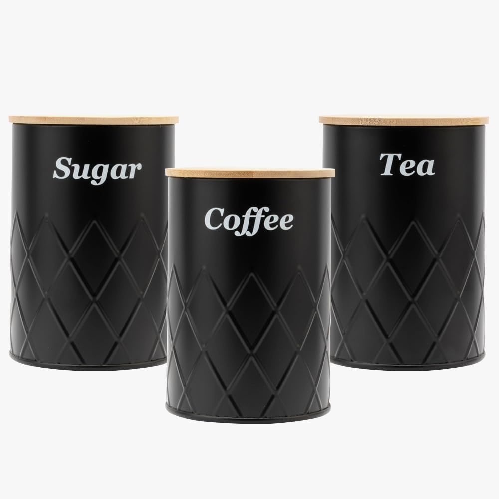 Black Canister Sets for Kitchen Counter,Tea coffee canisters,sugar container,3 Canisters,900ML/30.43OZ