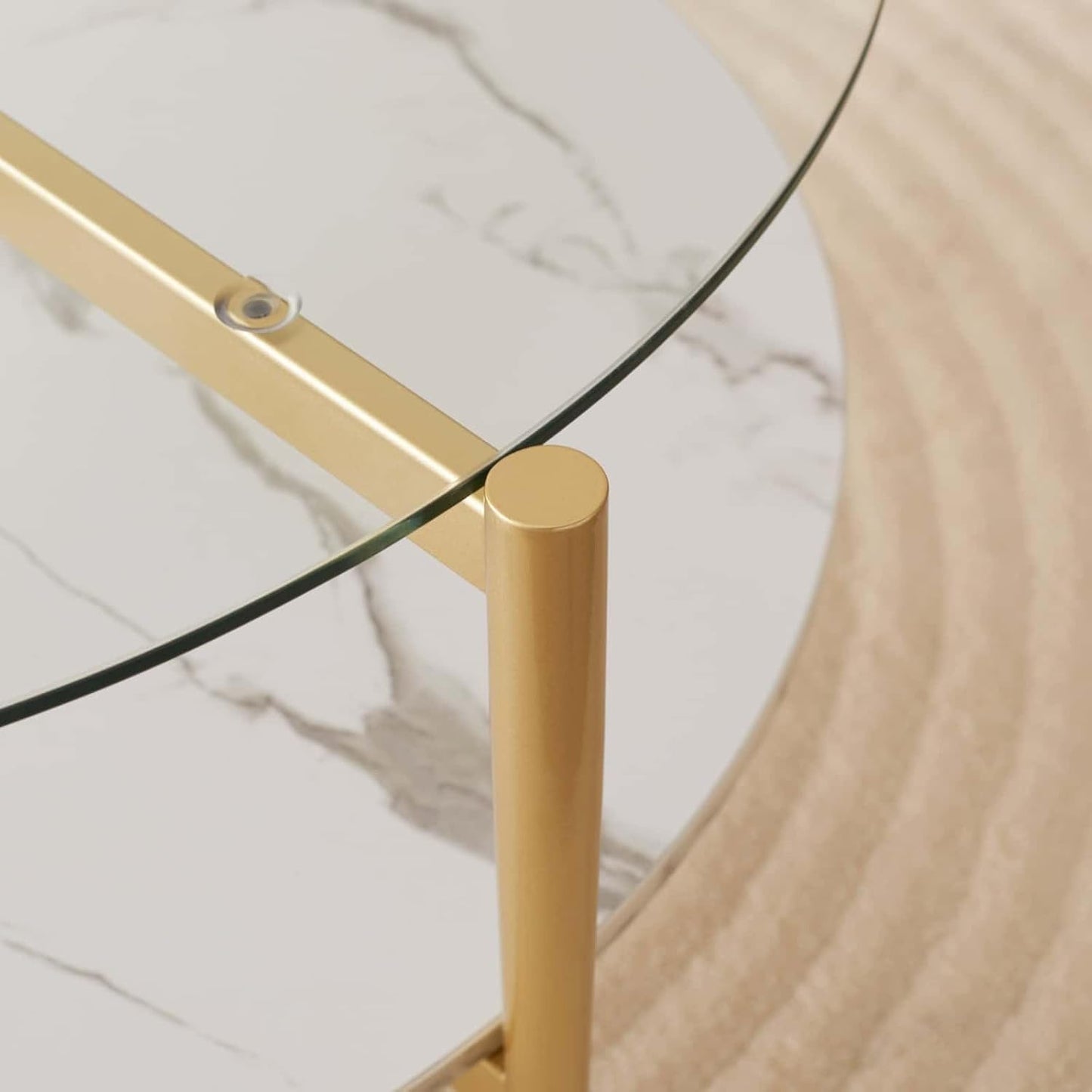 Round Coffee Table for Living Room, Mid-Century Modern Design, D30 x H17, 2-Tier Structure, Clear Glass Top and White Marble Finish Wood Shelf, Sleek Conical Metal Legs with Gold Finish Frame