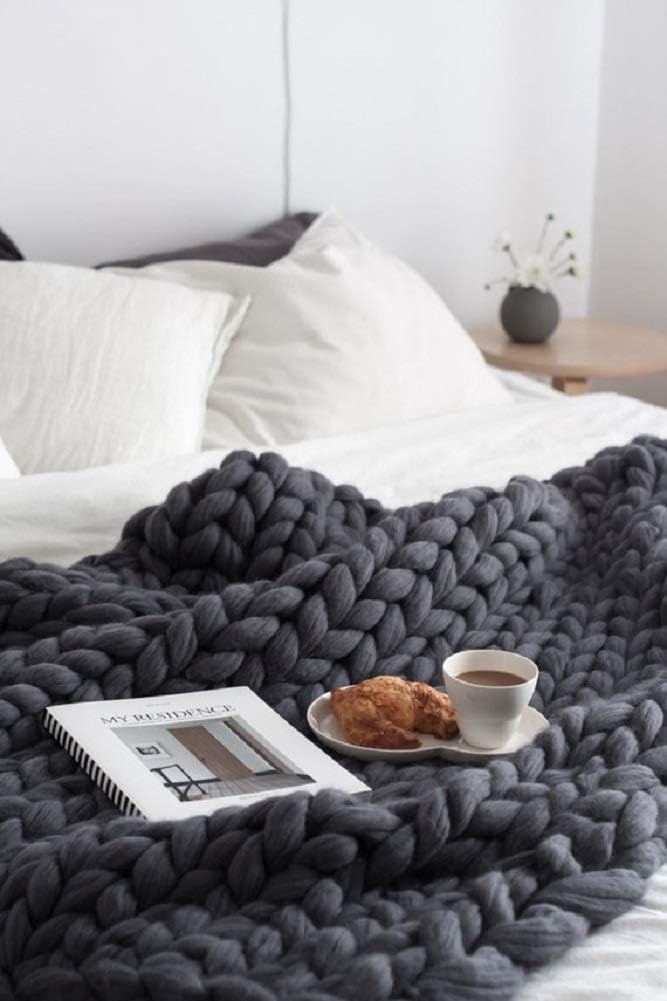 Chunky Knit Throw Bulky Merino Sofa Blanket Hand-Made Super Large Chair Mat Rug(Dark Gray 40"x60")