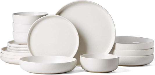 Famiware Milkyway Stoneware Dinnerware Sets with Pasta Bowls, Service for 4 (16 Pieces), Reactive Glaze Plates and Bowls Sets, Microwave and Dishwasher Safe Dishes Set, Matte White