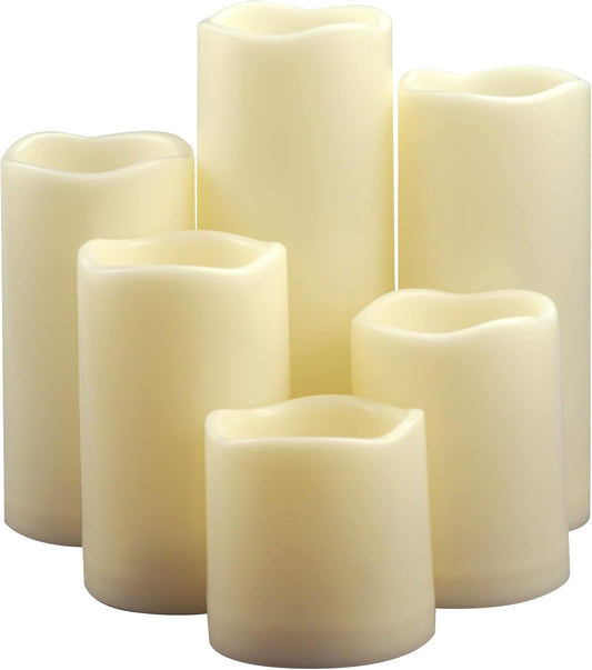 CANDLE CHOICE Waterproof Outdoor Battery Operated Flameless Pillar Candles with Timer White Plastic Realistic Flickering Electric LED Lights for Lantern Garden Wedding Christmas Decorations 6 Pack