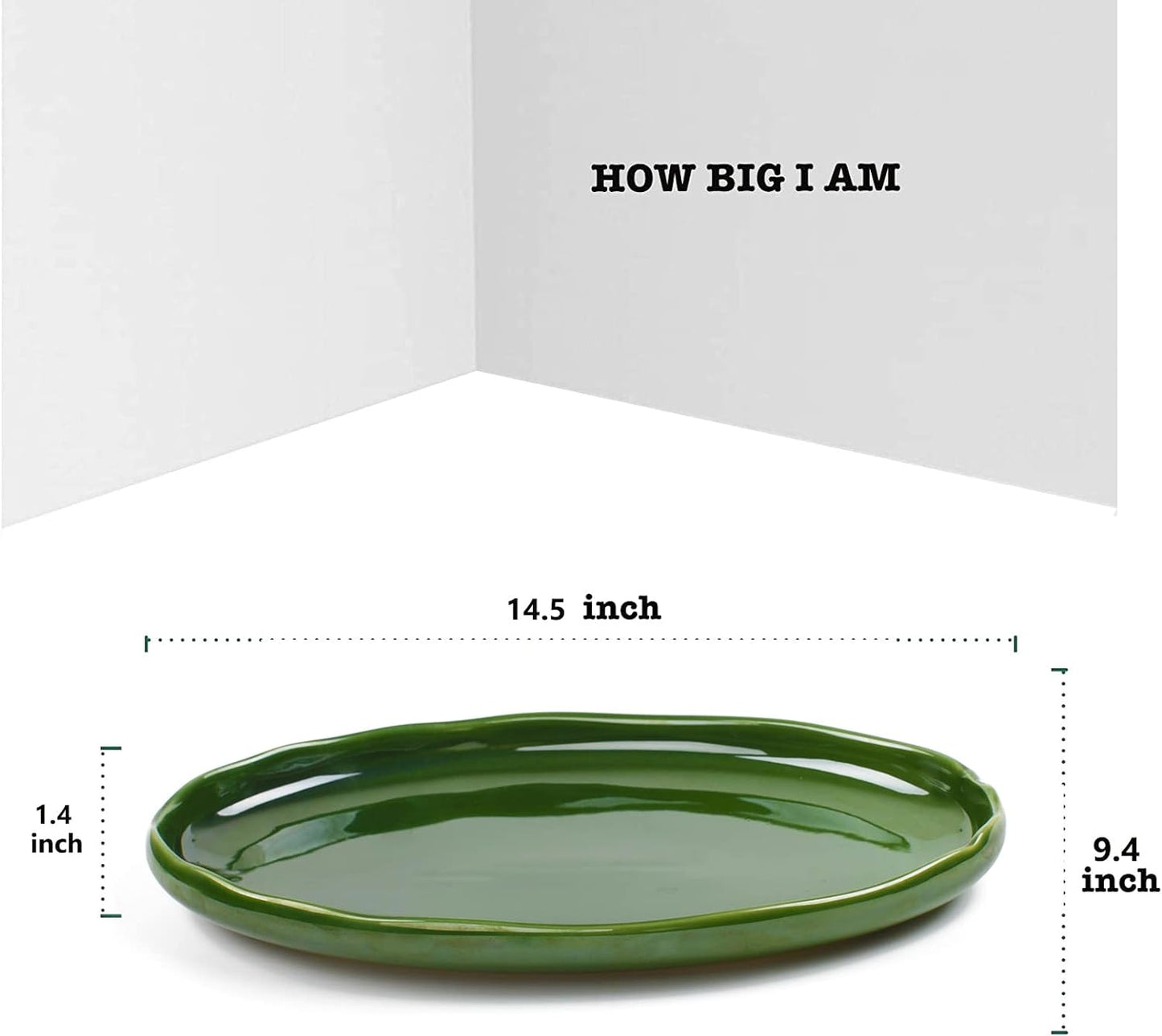 vicrays Ceramic Serving Platter Tray - Extra Large Oval 14.5 Inch Porcelain Dinner Plates Long Serving Dish Set - for Party Restaurant Food Meat Sushi Fish Turkey Platter - Green