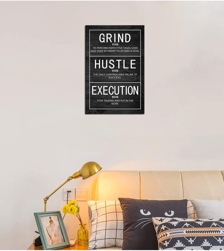 Grind Verb Hustle Verb Execution Noun Motivational Canvas Painting Wall Art Inspirational Poster Prints Artwork Pictures for Home Decor Office Framed Ready to Hang [12''W x 18''H]