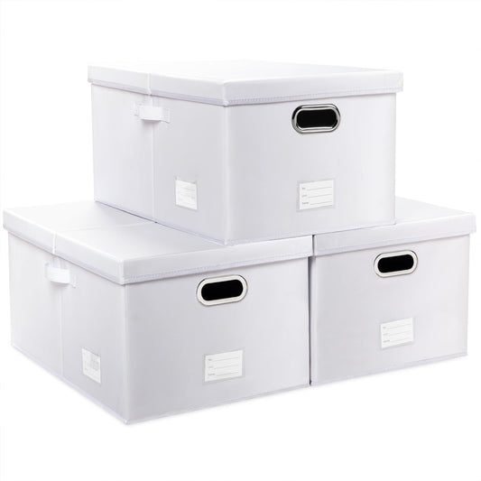 PRANDOM Collapsible Storage Box with Lid [3-Pack] Leather Fabric Foldable Storage Bin Organizer Container Basket Cube with Cover for Home Bedroom Closet Office Nursery White(22.8X15.7X11.8)