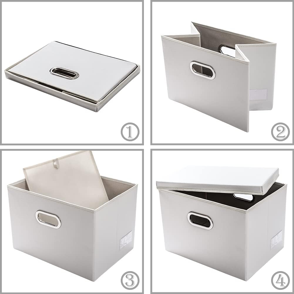 PRANDOM Collapsible Storage Bins with Lids [3-Pack] Leather Fabric Foldable Storage Boxes Organizer Containers Baskets Cube with Cover for Bedroom Closet Office Nursery White (14.9x10.8x10)