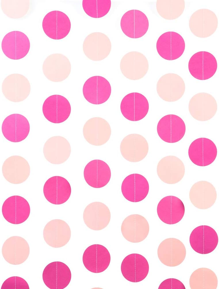 WEVEN Pink Paper Garland Circle Dots Party Garland Streamer Backdrop Hanging Decorations, 2.5" in Diameter, 20 Feet in Total
