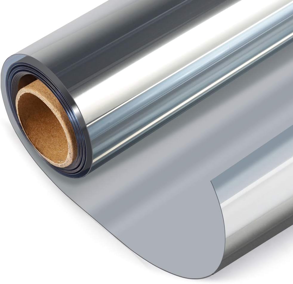 HIDBEA One Way Privacy Window Film, Daytime Privacy Sun Blocking Anti UV Reflective Window film Heat Control Static Cling Window Tint film for Home and Office, Silver, 35.4 x 196.8 Inch