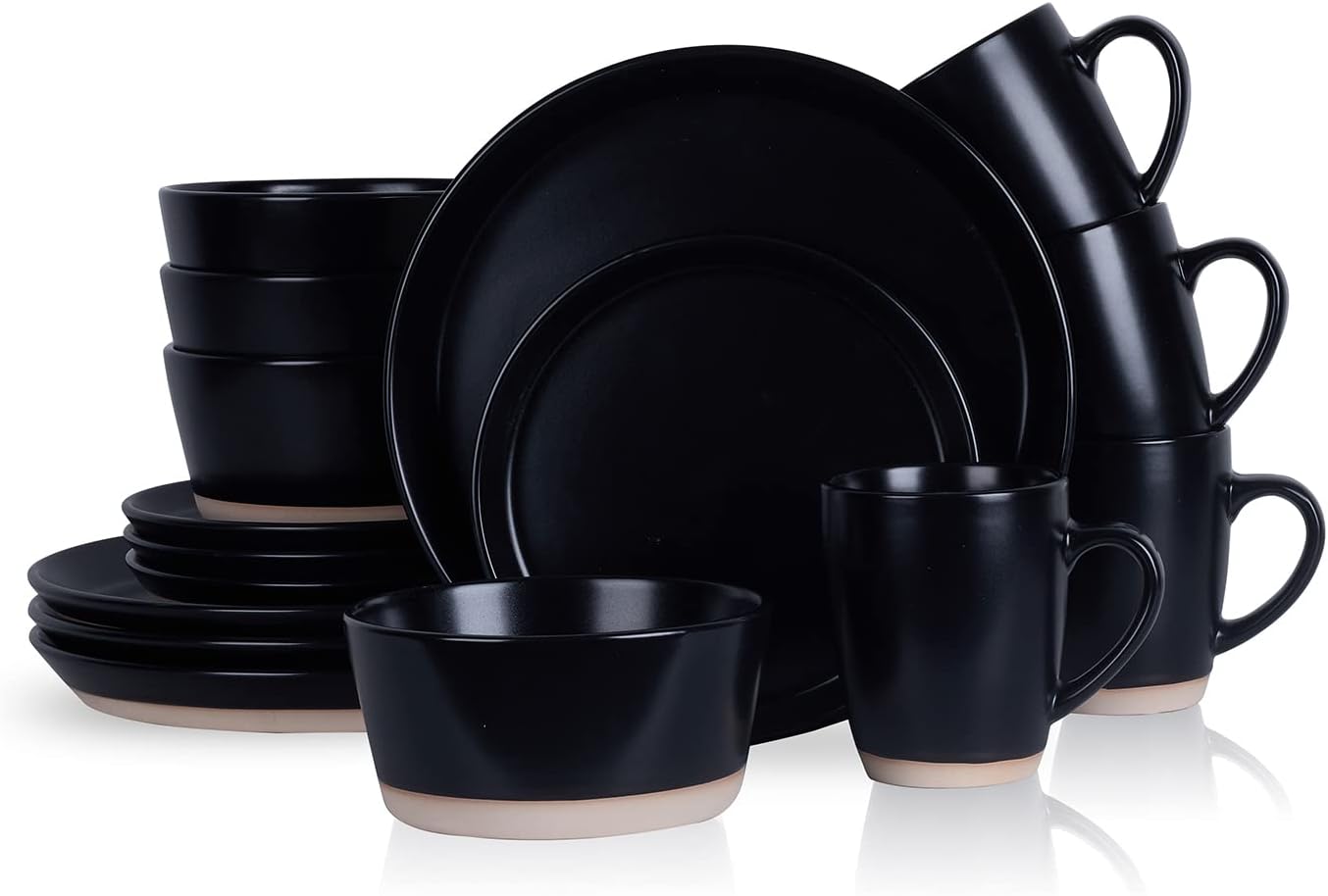 Stone Lain Jules Modern Stoneware 16-piece Round Black Dinnerware Set, Plates and Bowls Sets, Dish Set for 4, Black