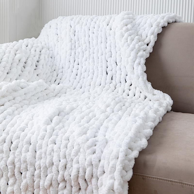 Chunky Knit Blanket Throw 48"*71", Hand Knitted Warm Chenille Throw Blanket, Home Decor Soft Thick Yarn Cable Knit Blanket,Soft Breathable Fleece Banket Christmas for Couch Bed Sofa Best Gift (White)