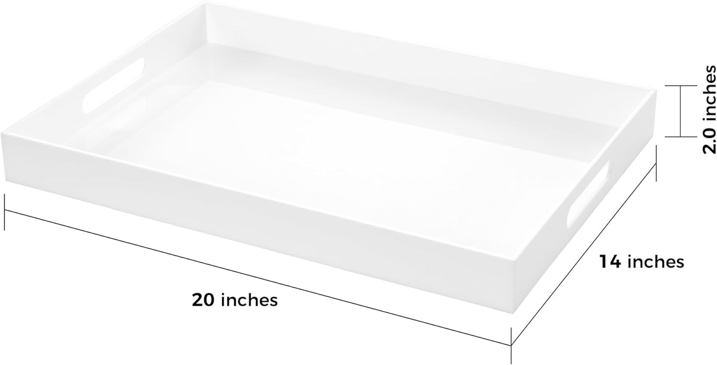 White Rectangular 14x20 Inches Acrylic Ottoman Tray Decorative Serving Tray with Cutout Handles Organizer Tray on Coffee Table Countertop Big Breakfast Bed Tray Living Room Appetizer Serving Food