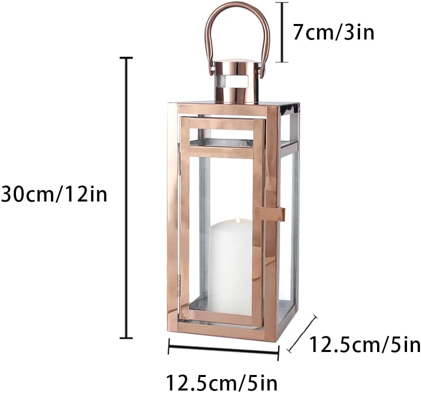 TRIROCKS Stainless Steel Decorative Lantern 12'' High Metal Candle Holder with Clear Glass Panels Perfect for Home Decor Living Room Parties Events Tabletop Indoors Outdoors (Rose Gold)