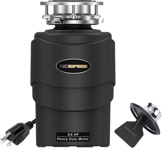 Garbage Disposal 3/4 HP Ultra Quiet powerful grinding Kitchen Food Waste Disposer with Power Cord Easy install, AC Motor Unit Continuous Feed Stainless Steel Grind 0.75 Horsepower (MAX-5)