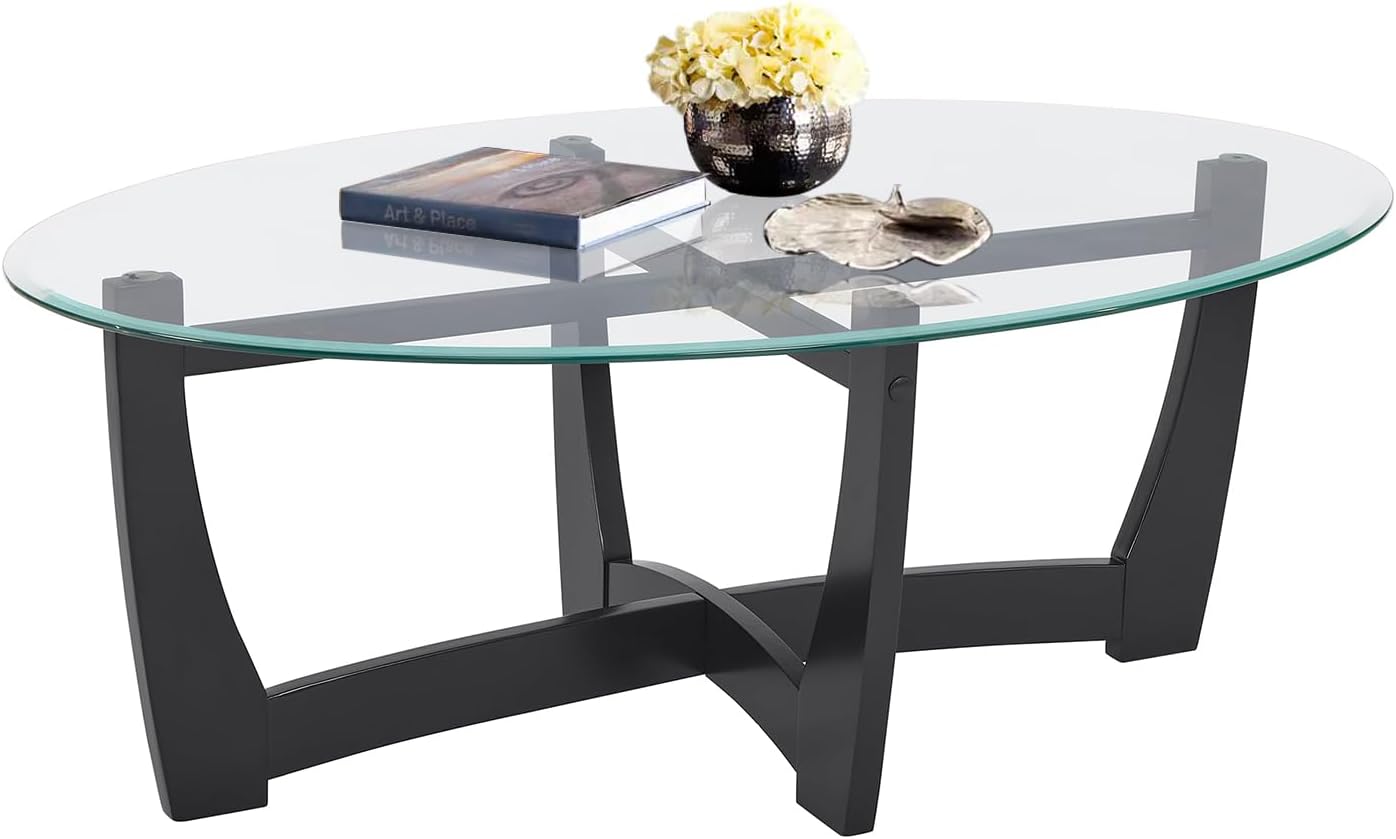 48" Oval Glass Coffee Table with Tempered Glass Top Cross and Solid Wood Base Simple & Modern Center Table for Living Room Office Apartment Black