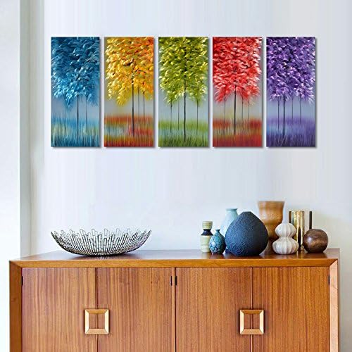 Handmade Metal Wall Art with Bog Life Multi-Colored Tree, 3D Abstract Design Artwork for Modern and Contemporary Decor, Indoor Outdoor Wall Decorations, 5-Panels Metal Art Measure 24"x 64"