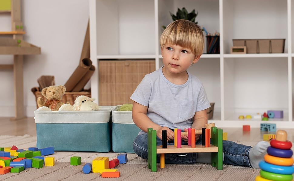 TheWarmHome Fabric Storage Bin with Handles,Storage Basket for Home Storage and Organization, Shelf Basket with Cover for Living Room Bedroom Closet（White & Green Large,15.7L*11.8W*8.3H