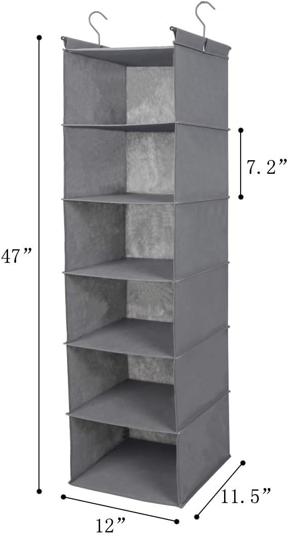 MAX Houser 6 Tier Shelf Hanging Closet Organizer, Closet Hanging Shelf with 2 Sturdy Hooks for Storage,2 Pack, Foldable (Grey)