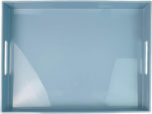 Light Blue Decorative Tray, Rectangular Large Serving Tray with Handles, Plastic Coffee Table Tray for Ottoman, Living Room, Kitchen Tabletop, 15.7” x 11.8” x1.6”