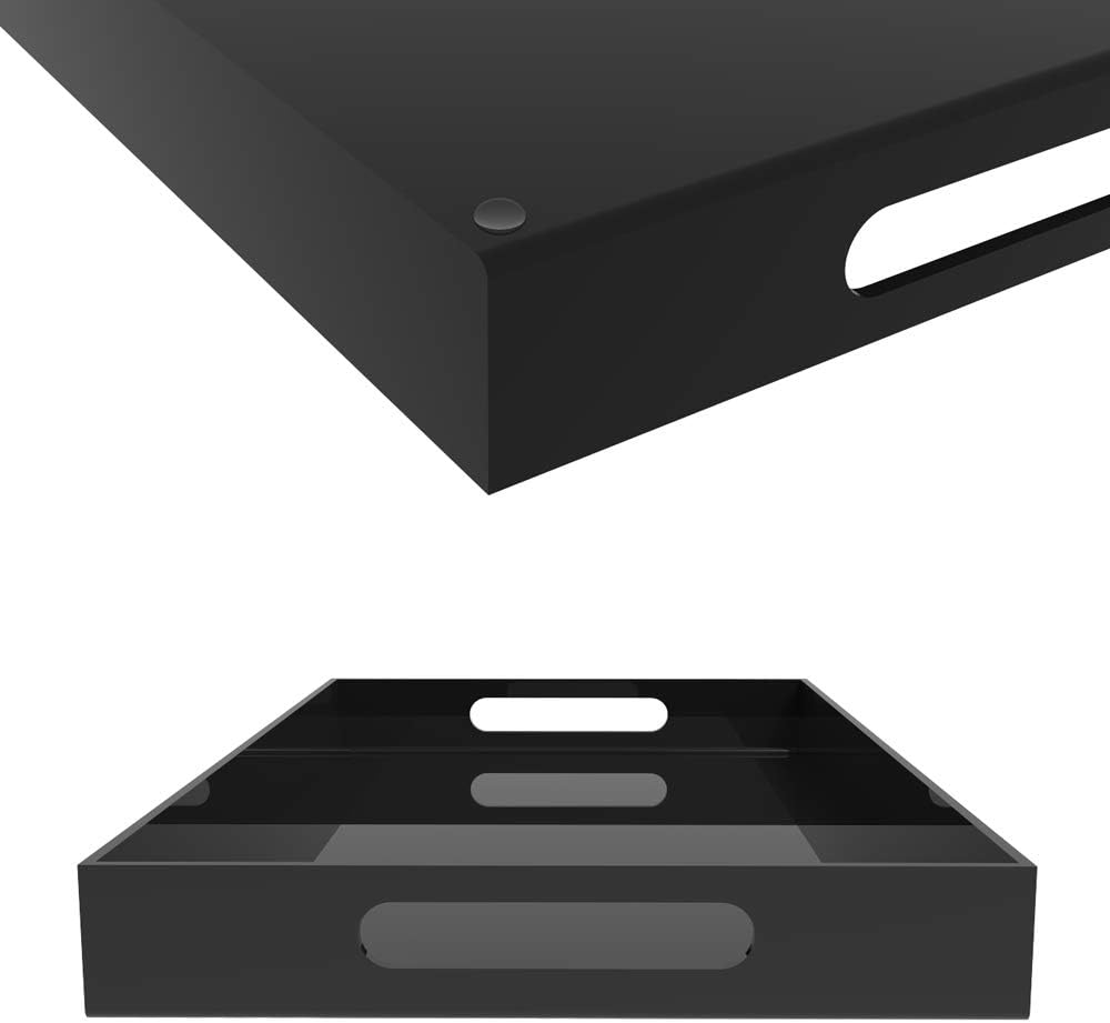 Black Acrylic Serving Tray for Vanity, Bathroom, Outdoor, Food and Décor with Handles (Rectangle, Small)
