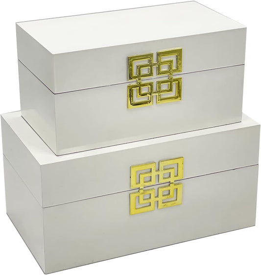 Galt International Large & Small Decorative Storage Box w/Hinged Lid - Classic Design Wood Decor Boxes with Geometric Opening Clasp - Home & Office Storage - Set of 2 (White + Gold)