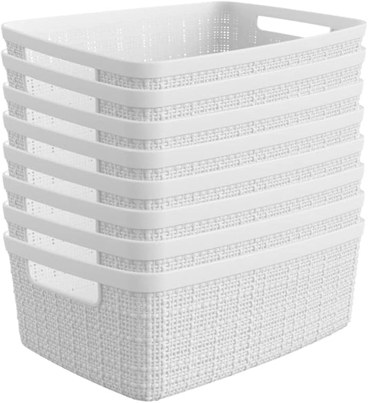 Curver Set of 8 Jute Small Decorative Plastic Organization and Storage Baskets, Perfect Bins for Home Office, Closet Shelves, Kitchen Pantry and All Bedroom Essentials