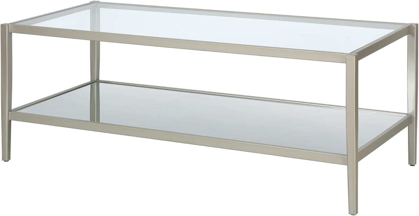 Henn&Hart 45" Wide Rectangular Coffee Table with Mirror Shelf in Satin Nickel, Coffee Table coffee tables for living room, studio apartment essentials
