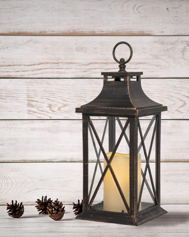 YAKii 14" Decorative Candle Lantern LED Flameless Candle Timer, Plastic LED Candle & Holder, Indoor & Outdoor Hanging Lights,Christmas Day Decoration Pack of 6 (Antique Copper Brushed)