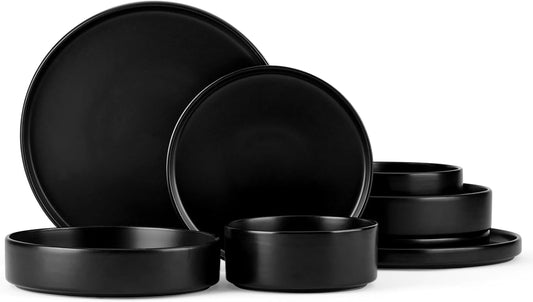 Onader Stoneware Dinnerware Set for 2 with Pasta Bowl, 8 Piece Plates and Bowls Dish Dinner Set, Microwave & Dishwasher Safe - Ebony Black