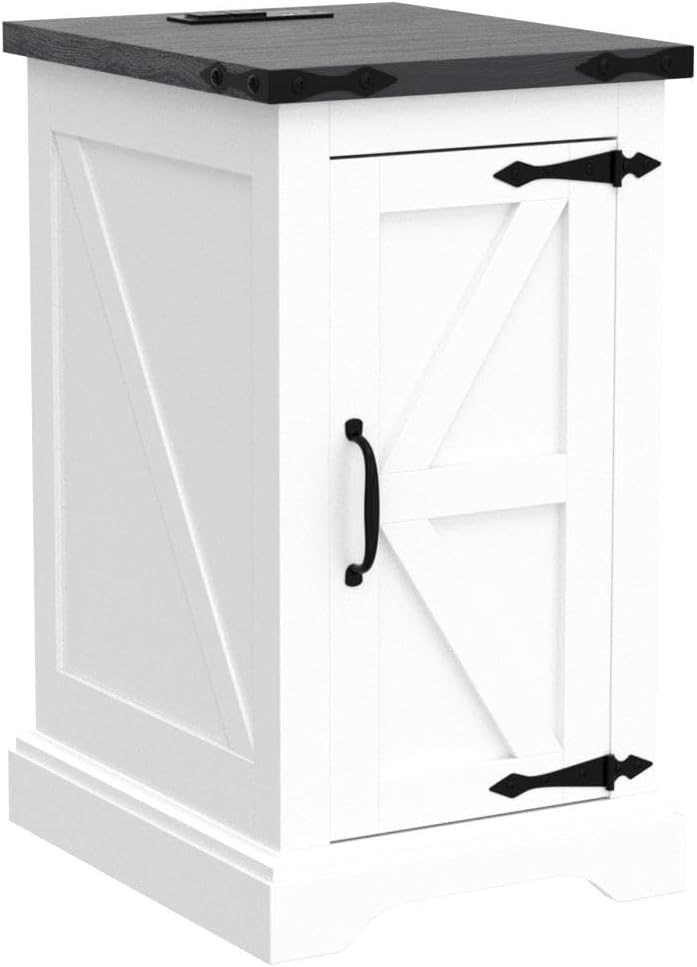 JXQTLINGMU Nightstand with Charging Station, Rectangular Farmhouse End Table with Barn Door and Adjustable Storage Shelf, 17" Deep Wood Rustic Sofa Side Table for Living Room, Bedroom, White