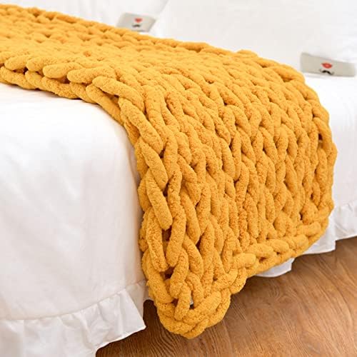 Chunky Knit Blanket Throw 40"×40", Hand Knitted Warm Chenille Throw Blanket, Home Decor Soft Thick Yarn Cable Knit Blanket,Soft Breathable Fleece Banket Christmas for Couch Bed Sofa Best Gift (Yellow)