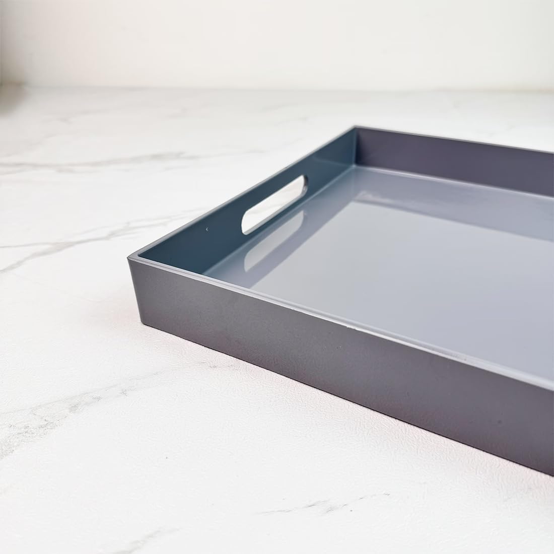 Grey Decorative Tray, Rectangular Large Serving Tray with Handles, Plastic Coffee Table Tray for Ottoman, Living Room, Kitchen Tabletop, 15.7” x 11.8” x1.6”