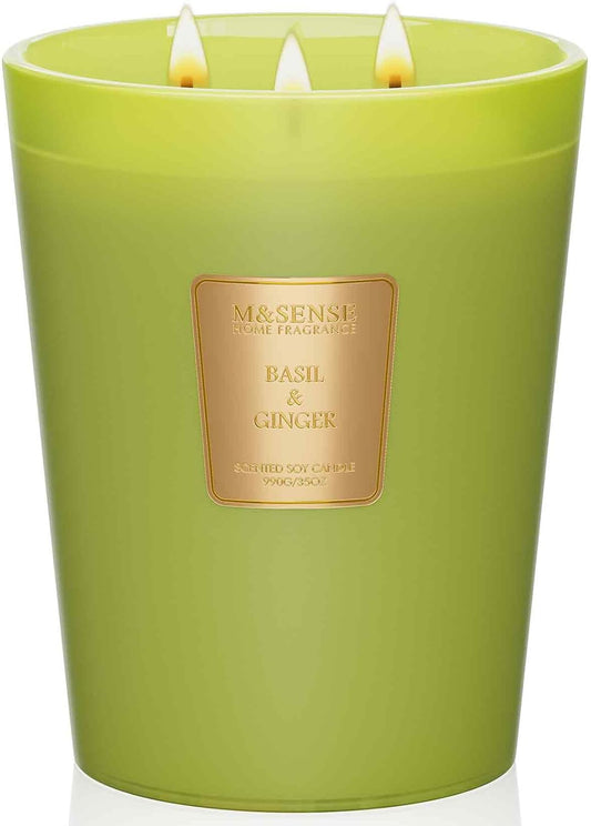 M&SENSE Basil Ginger Scented Candle 35oz 150H Burn Time Long Lasting, 3-Wick Natural Aromatherapy Candle Highly Scented, Home Fragrance Housewarming Gifts