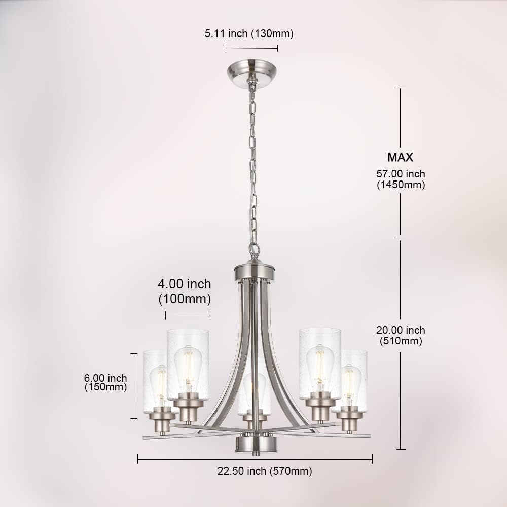 BONLICHT 5 Lights Traditional Chandelier Brushed Nickel Kitchen Island Dining Room Lighting Fixtures Hanging Seeded Glass Pendant Light Modern Flush Mount Ceiling Light for Living Room Bedroom Foyer