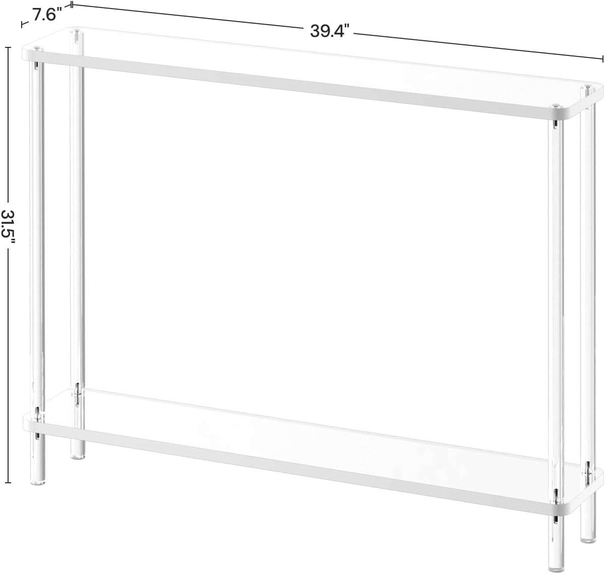 Acrylic Narrow Console Table for Entryway, 7.6" D x 39.4" W x 31.5" H, Cylindrical Legs, Skinny Entry Table for Sofa, Foyer, Hallway, Living Room, Modern, 2-Tier, Clear