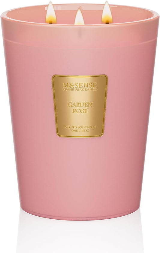 M&SENSE Garden Rose Scented Candle 35oz 150H Burn Time Long Lasting, 3-Wick Natural Aromatherapy Candle Highly Scented, Home Fragrance Housewarming Gifts