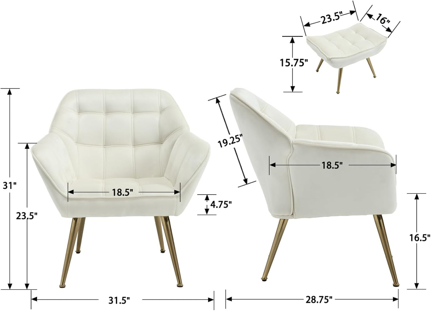 Modern Velvet Accent Chair with Ottoman Set of 2, Upholstered Lounge Chair with Footrest, Comfy Living Room Chair with Gold Legs Accent Side Chair Armchair for Small Space Bedroom, Beige