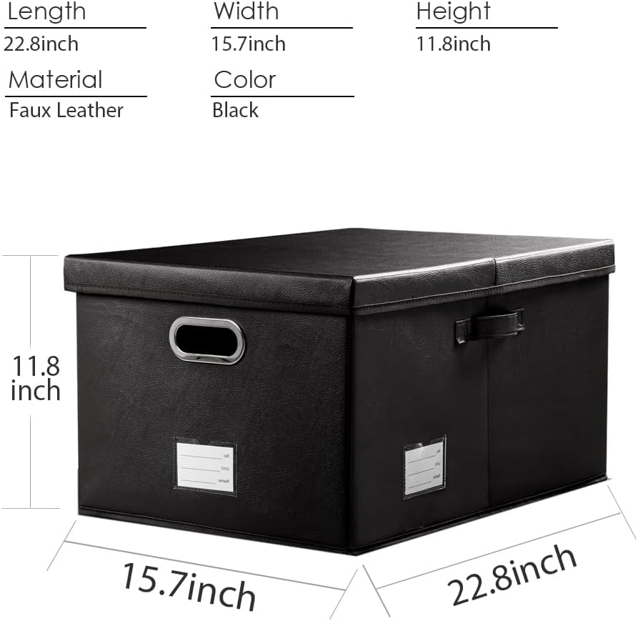 PRANDOM Collapsible Storage Box with Lid [1-Pack] Leather Fabric Foldable Storage Bin Organizer Container Basket Cube with Cover for Home Bedroom Closet Office Nursery Black (22.8X15.7X11.8)