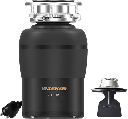 Garbage Disposal 3/4 HP for Kitchen sink Quiet with Stopper Power Cord, Easy install, Continuous Feed Food Waste Disposer Stainless Steel Grind 0.75 Horsepower AC Motor Unit (MAX-4)