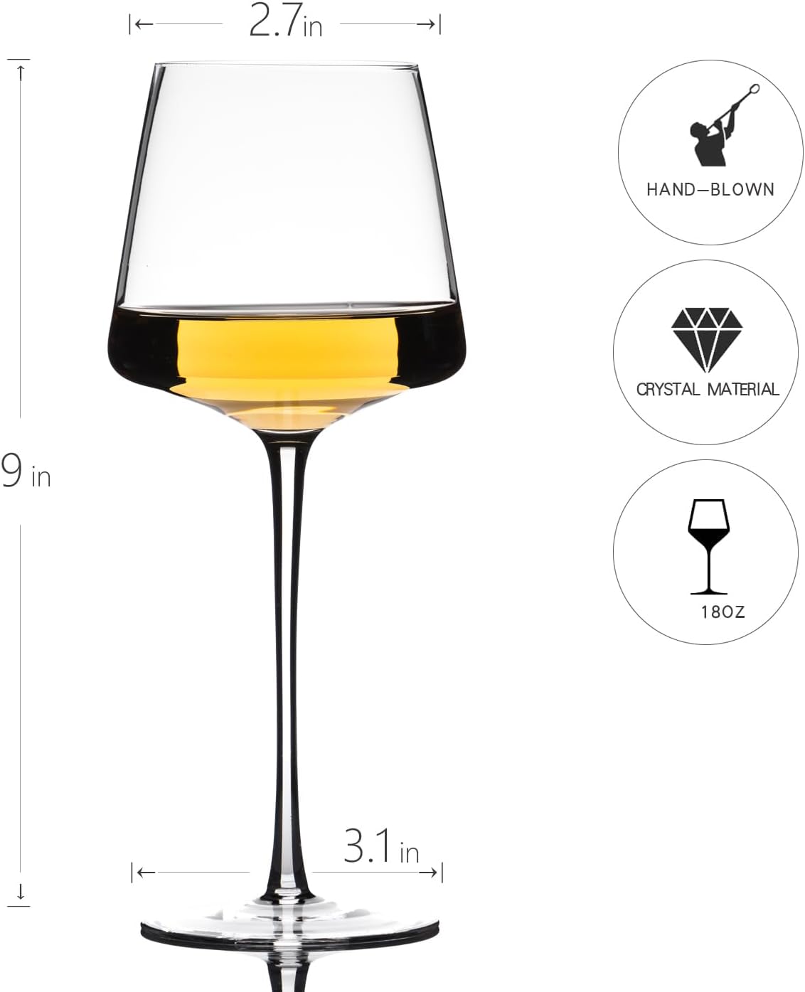 White Red Wine Glasses Set of 6 – 18oz Red Wine Glasses with Tall Long Stem,【Hand Blown】Crystal Wine Glasses- Square Wine Glasses with flat bottom, Wine gifts for Christmas, Wedding, Birthday,