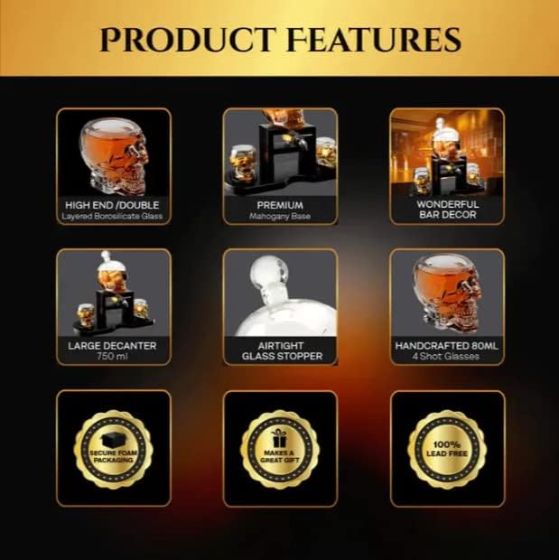 Skull Skeleton Wine & Whiskey Decanter Set 750mL with 2 Skull Shot Glasses 3oz | Gothic Skeleton Barware on Mahogany Wooden Base with Spigot | Spooky Halloween Decor Drinkware & Unique Goth Gift Idea