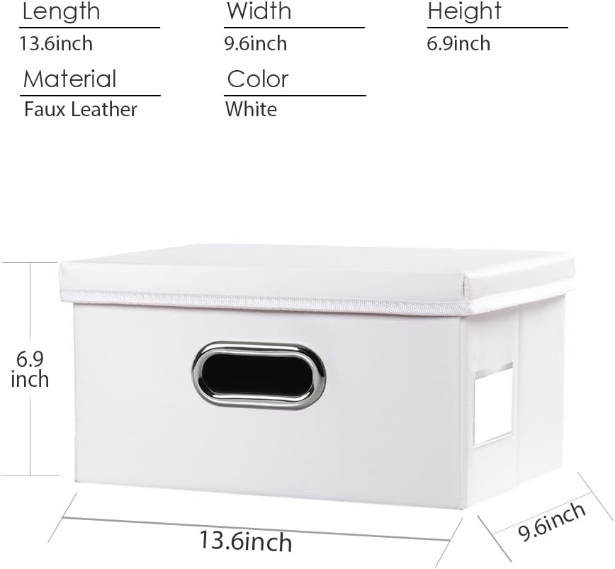 PRANDOM Collapsible Storage Box with Lid [1-Pack] Leather Fabric Foldable Storage Bin Organizer Container Basket Cube with Cover for Home Bedroom Closet Office Nursery White (13.6x9.6x6.9)