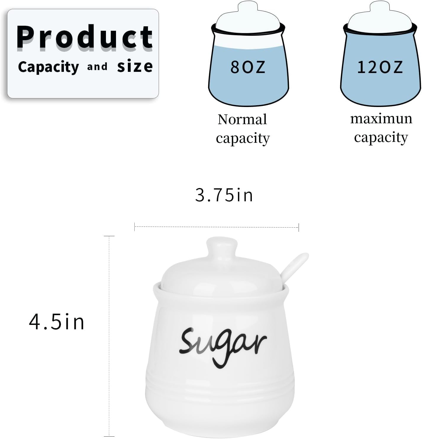 HAOTOP 12oz Sugar Bowl with Lid and Spoon,Ceramic Sugar Jar Sugar Dispenser Sugar Container Coffee Bar Accessories, Kitchen Countertop Canisters, White