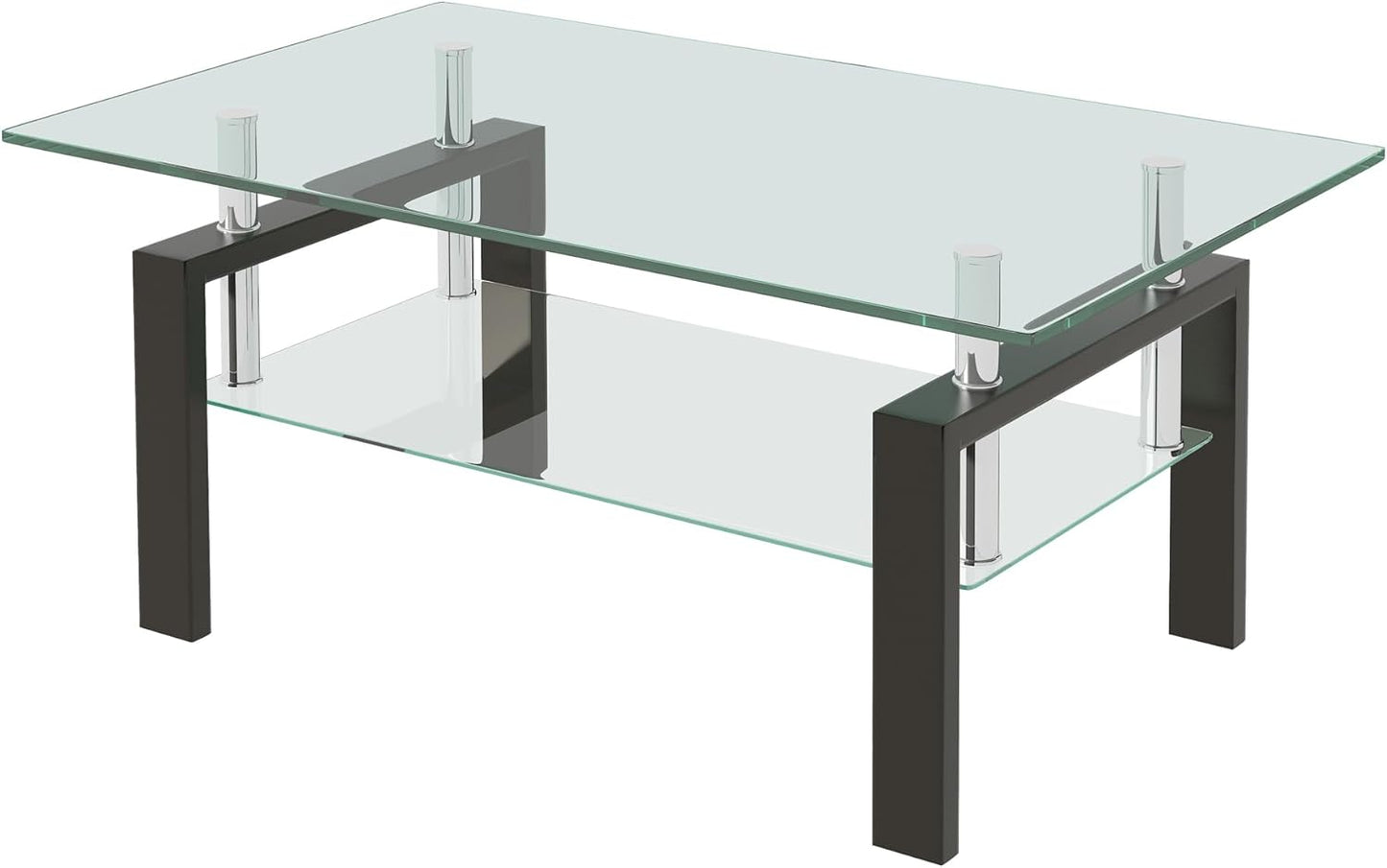 Glass Coffee Table Rectangle Living Room Center Table, with Tempered Glass Tabletop Black Metal Leg,for Living Room and Office (Dou-Clear Glass)