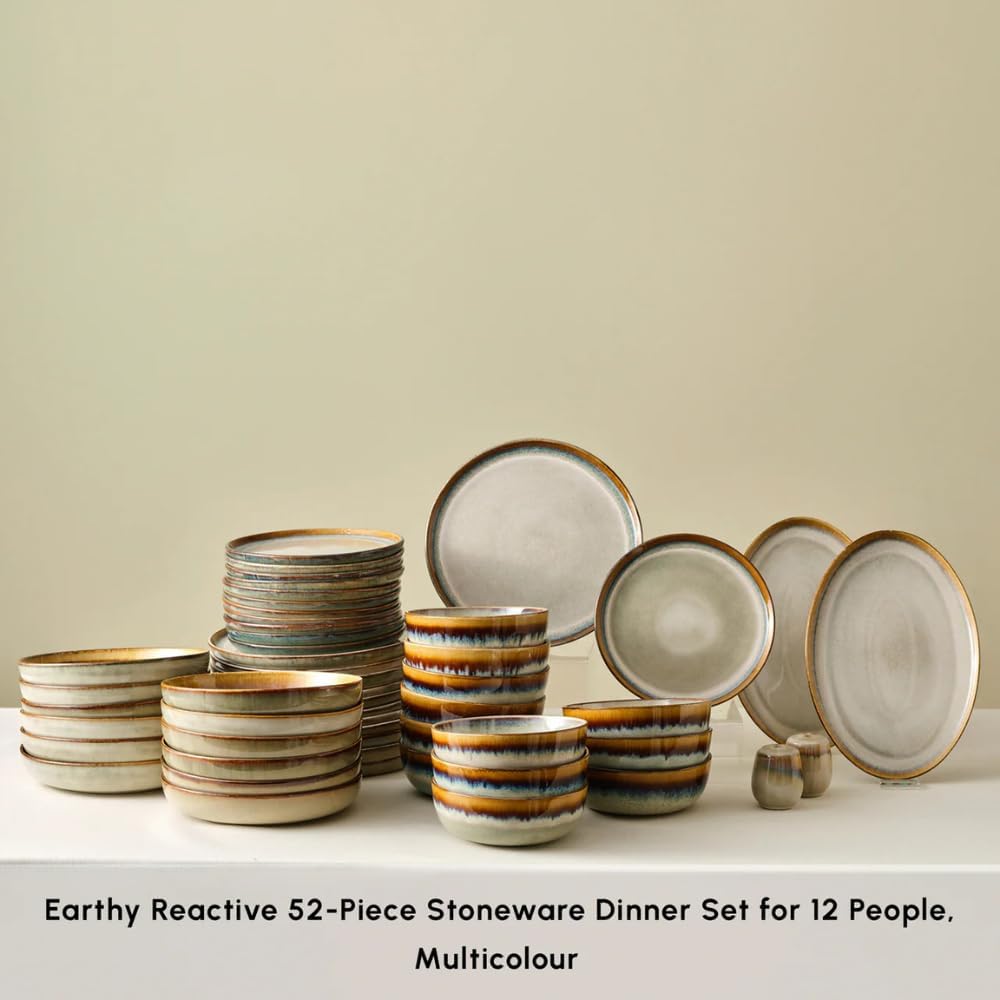Karaca Earthy 52 Piece Stoneware Plates and Bowls Set, Reactive Glaze Dinner Set, Complete Kitchen Tableware Collection, Ideal Dinnerware for 12 People Dining Experience, Dishwasher Safe