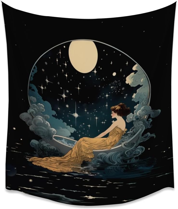 Dark Academia Tapestry Celestial Moonlit Bathing Lady Print Trendy Aesthetic Gothic Wall Hanging Vintage Art Nouveau Tapestries Wall Decor for Bedroom Living Room Dorm 30x40inch