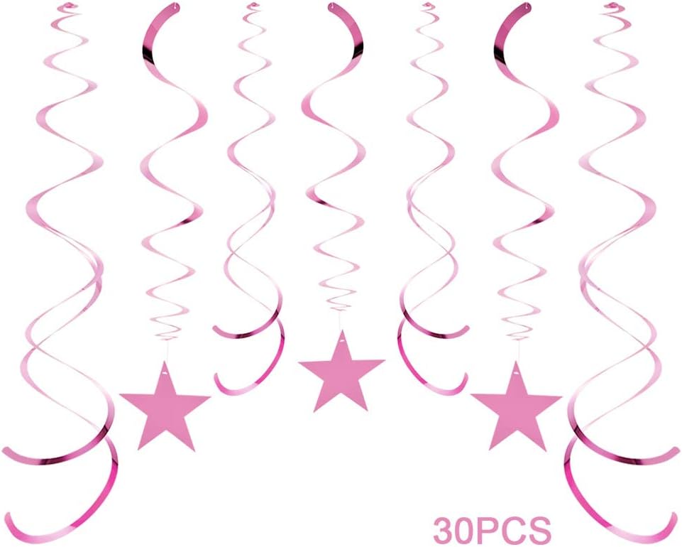 Star Party Hanging Swirls, 30 PCS, Pink Foil Ceiling Party Favors for Birthday Decorations, BabyShower,Graduation,Wedding