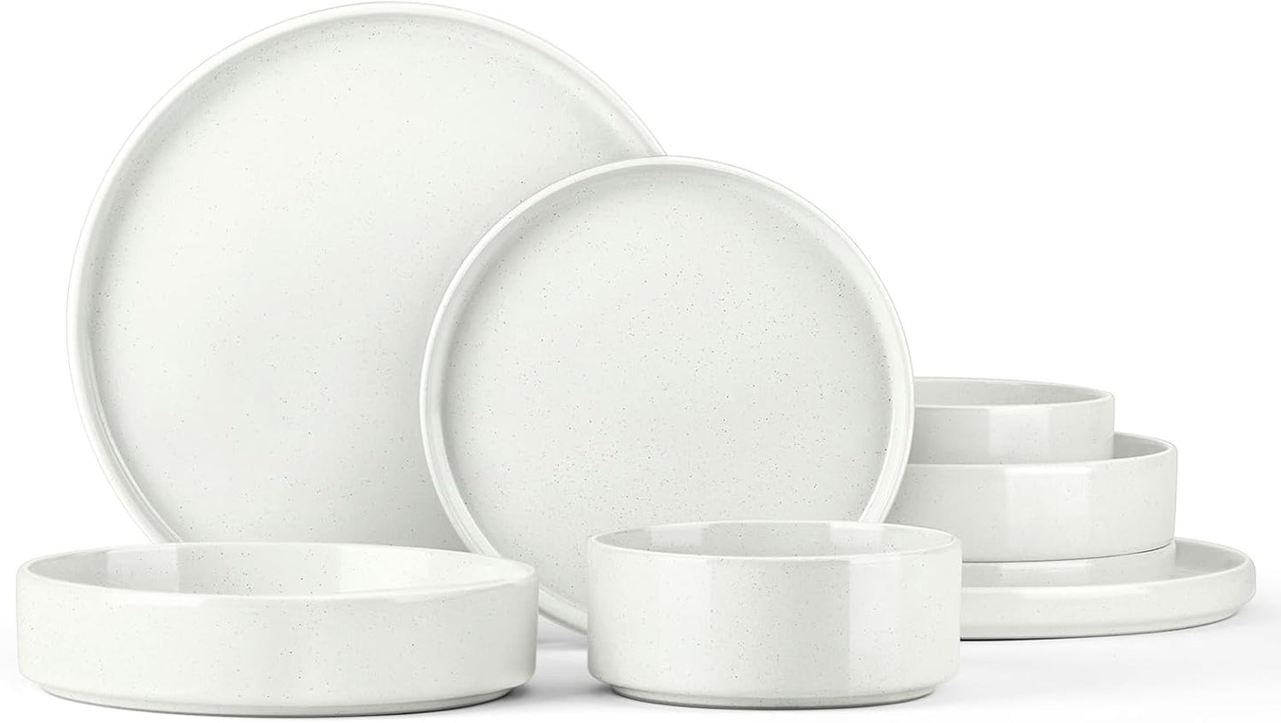 Stoneware Dinnerware Sets for 2, Onader Speckled Plates and Bowls, 8 Pieces Ceramic Dish Dinner Set with Pasta Bowl, Microwave & Dishwasher Safe - Cloud White